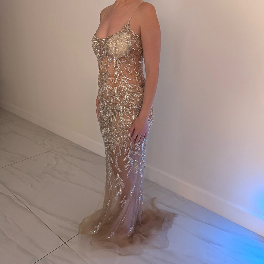 Elegant Silver and Tan Evening Gown